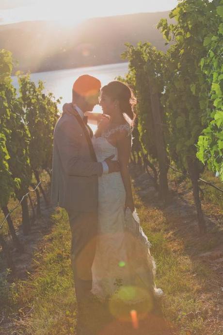 Wedding couple embracing among the grapevines at sunset overlooking Okanagan Lake