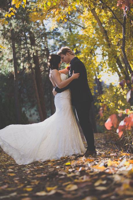 Bride and groom embracing beneath golden autumn leaves during an outdoor wedding portrait session